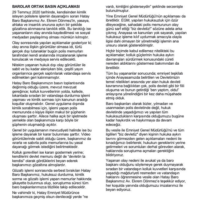 Barolardan ortak açıklama: 'Polis devletinde değil, hukuk devletinde...'