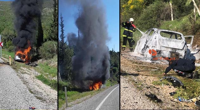 Şarampole savrulan otomobil alev alev yandı