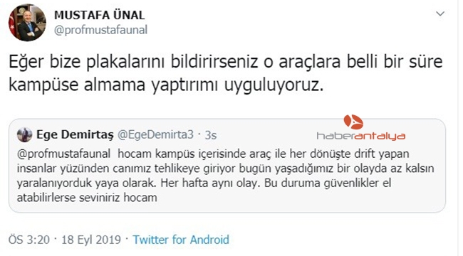 Öğrencinin drift şikayetine rektörün "plaka gönderin" cevabı