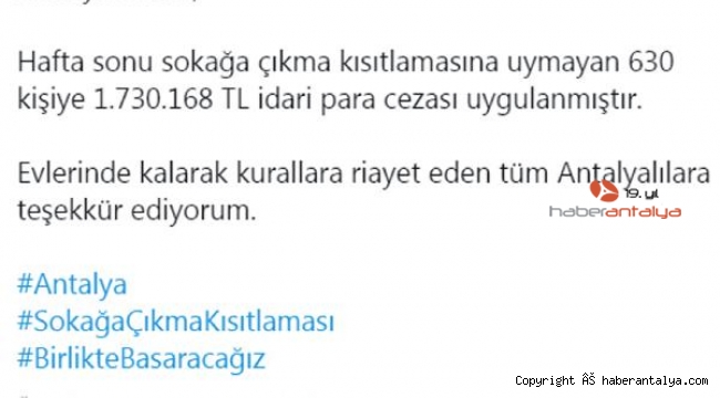 Vali Yazıcı: 638 kişiye 1.7 milyon TL ceza !