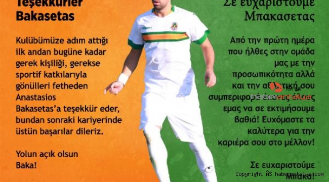 Aytemiz Alanyaspor'dan Bakasetas'a teşekkür