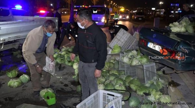 Kaza sonrası yola savrulan lahanaları toplandı