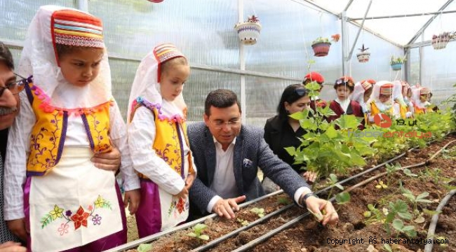 Tütüncü, okul serasına çocuklarla çilek ekti
