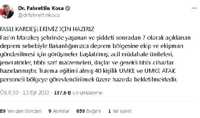 Bakan Koca: Faslı kardeşlerimiz için hazırız