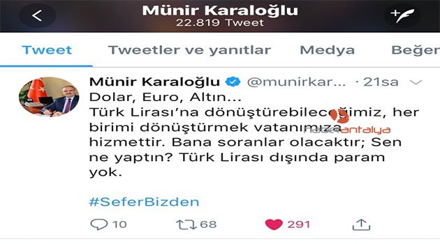 Antalya Valisinden TL'ye destek paylaşımı