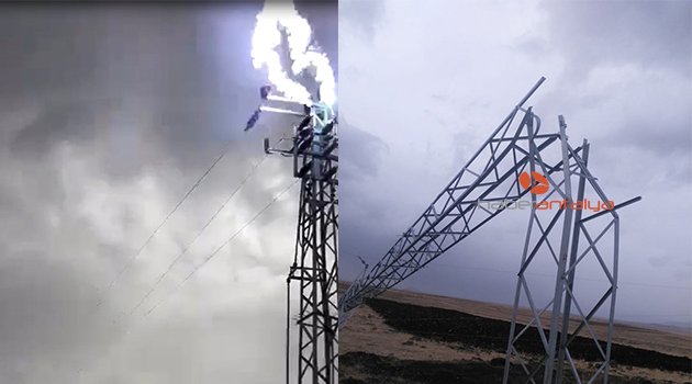 Fırtınada elektrik direği alev aldı