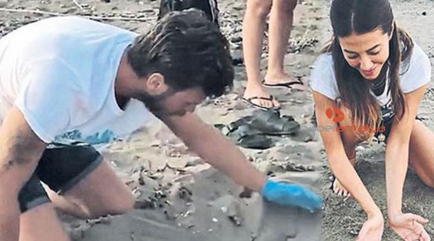 Kıvanç Tatlıtuğ ve eşi caretta carettaları denize ulaştırdı