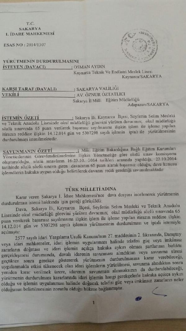 Sakarya'da Okul Müdürü Atamalarındaki Sözlü Sınav İçin İdare Mahkemesi Yürütmeyi Durdurma Kararı Verdi