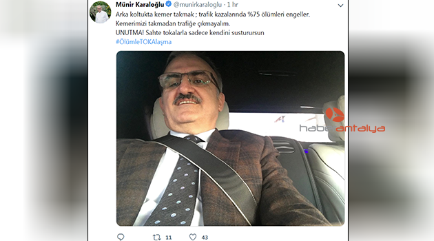 Vali Karaloğlu'ndan emniyet kemerli paylaşım